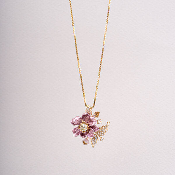 PINK FLORAL PENDANT WITH GOLD CHAIN