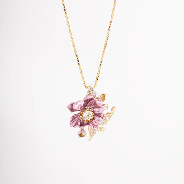 PINK FLORAL PENDANT WITH GOLD CHAIN